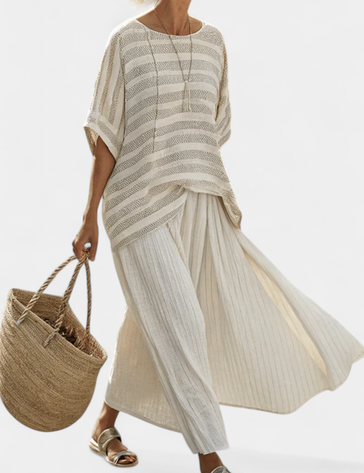 Graziella – Striped Top Crafted from Natural Bamboo with Flowing Linen Pants